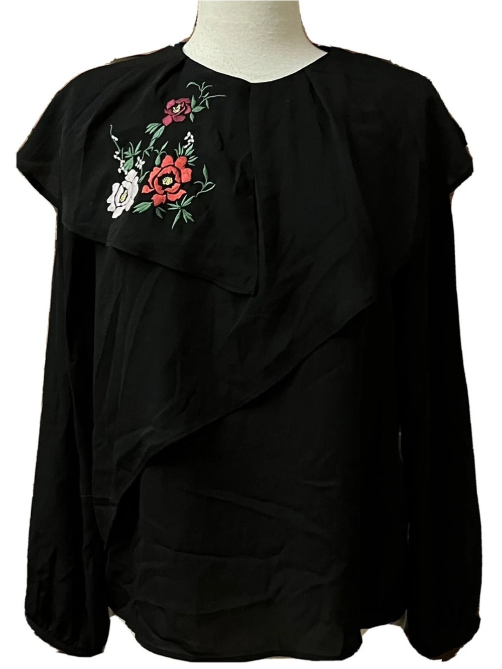 Zara Black Layered Blouse Top w/ Red Rose Floral Embroidery